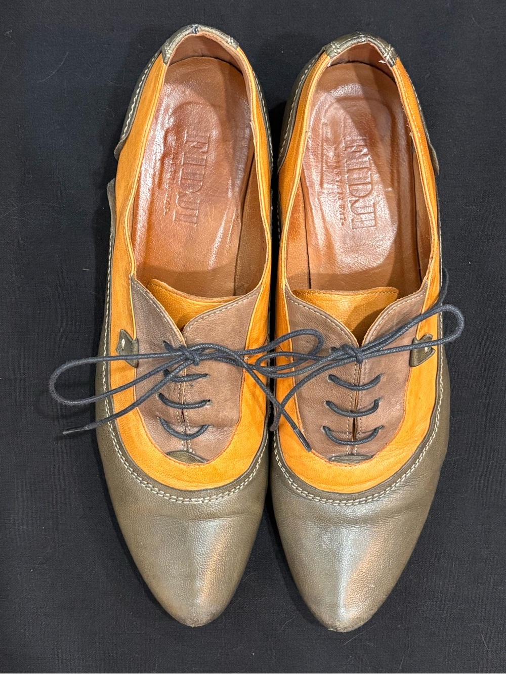 FIDJI Portugal Leather Lace-Up Oxfords EU 40 US 9 Olive Tan Artisan Lagenlook - Picture 2 of 10